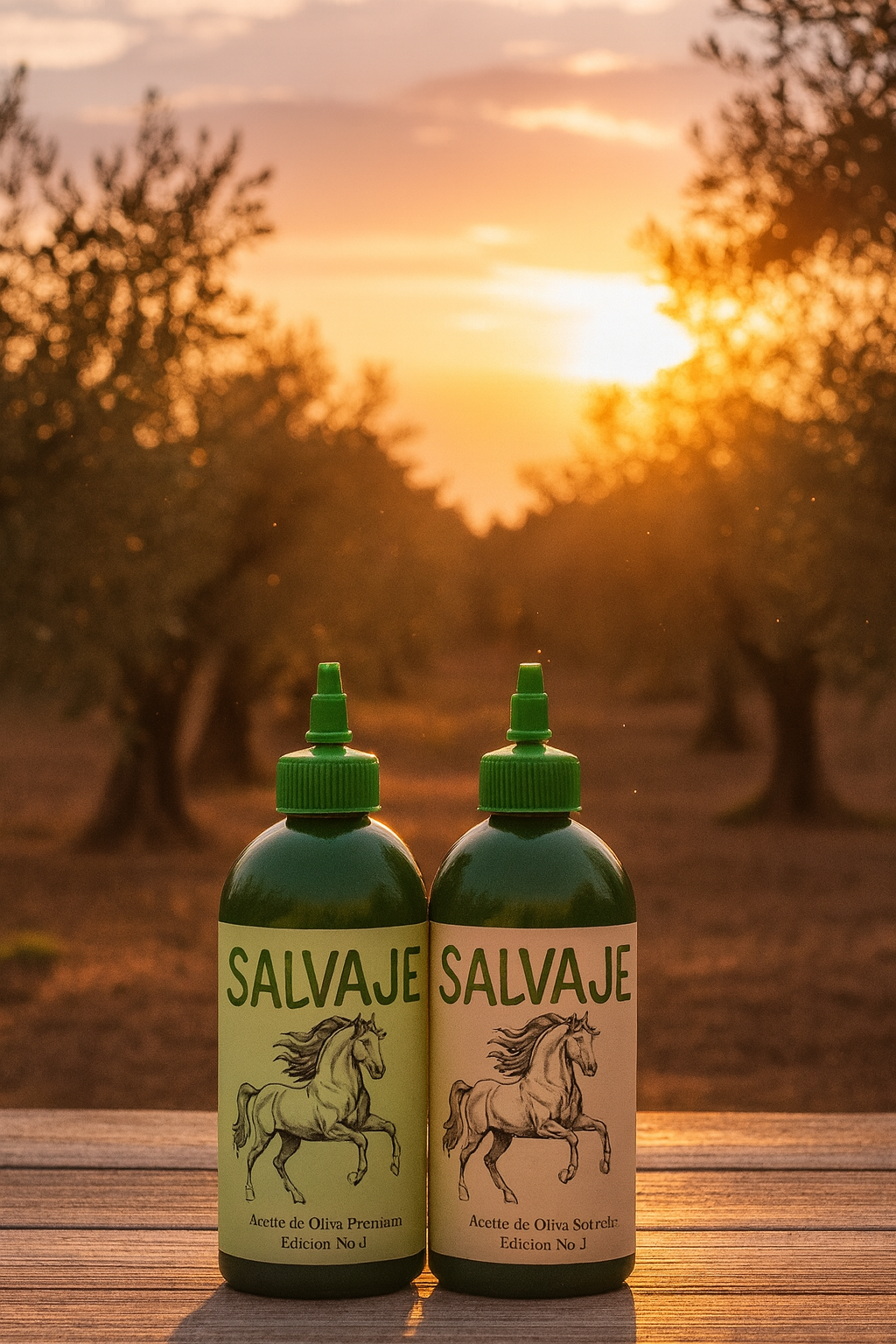 Salvaje olive oil bottles in the olive grove
